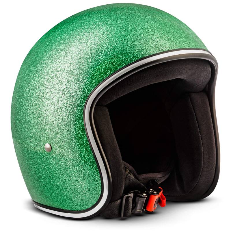 Rebel · R2 „Flakes Green“ (Grün) · Jet-Helm · Motorrad-Helm Scooter-Helm Chopper Roller Mofa Retro · Fiberglass · Extra small Shell · Click-n-Secure™ Clip · Tragetasche · XS (53-54cm) von CHICHL