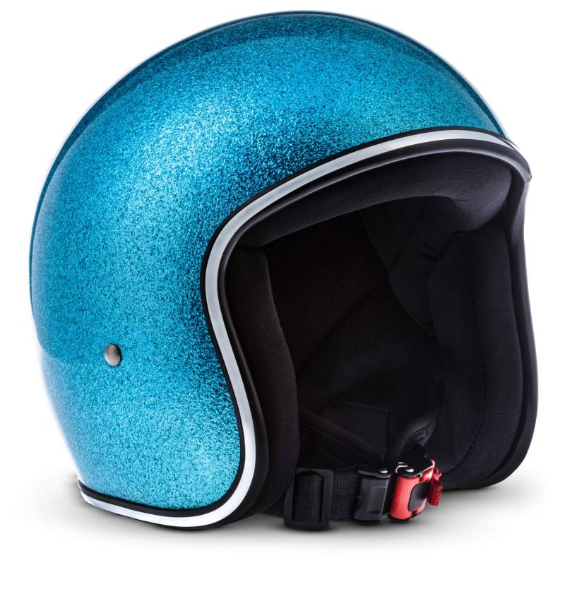 Rebel · R2 „Flakes Blue“ (Blau) · Jet-Helm · Mofa Retro Motorrad-Helm Chopper Scooter-Helm Roller · Fiberglass · Extra small Shell · Click-n-Secure™ Clip · Tragetasche · XS (53-54cm) von CHICHL