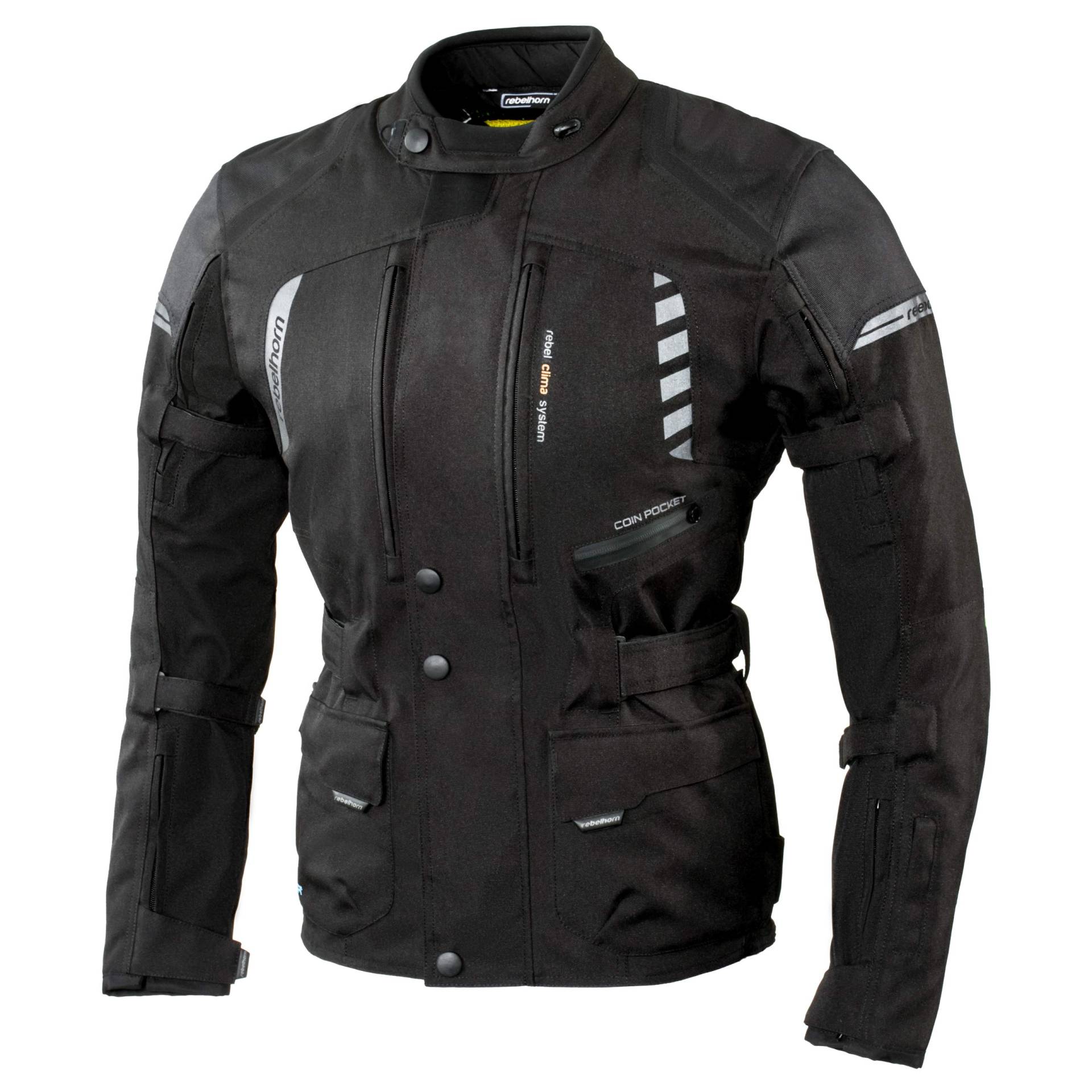 REBELHORN Hiker II Motorradjacke Langlebige Materialien CE-Level 2 Ellbogen- und Schulterschutz Reissa Membranbelüftung Reflektierende Elemente 7 Taschen Schwarz XXS von REBELHORN