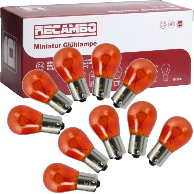 Recambo 10x Glühbirne Scheinwerferlampe Birne 21W 12V Abblendlicht Fernlicht Glühlampen | E - Prüfzeichen | Sockel BAU15S - Gelb von Recambo