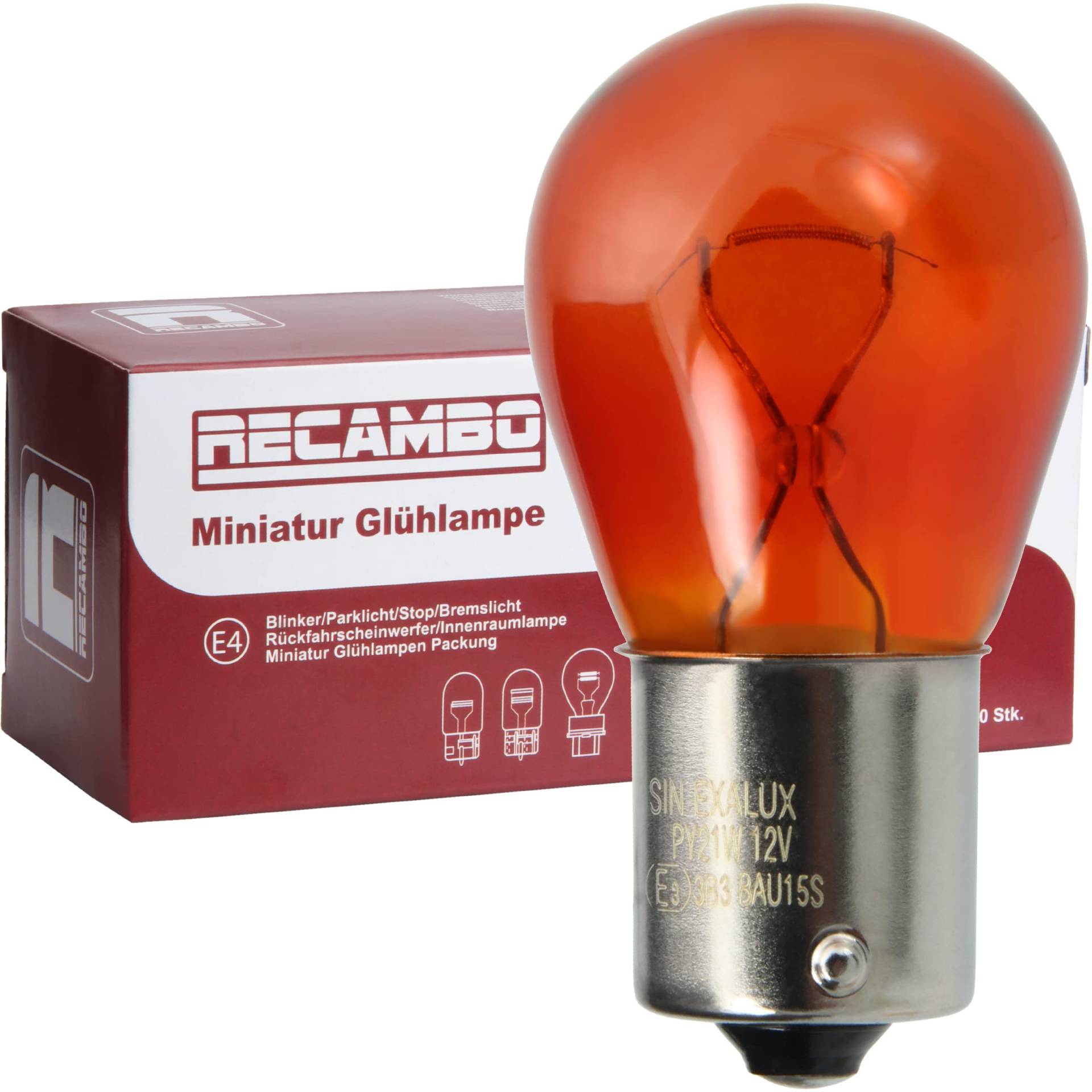 Recambo 2X Glühbirne Scheinwerferlampe Birne 21W 12V Abblendlicht Fernlicht Glühlampen | E - Prüfzeichen | Sockel BAU15S - Gelb von Recambo