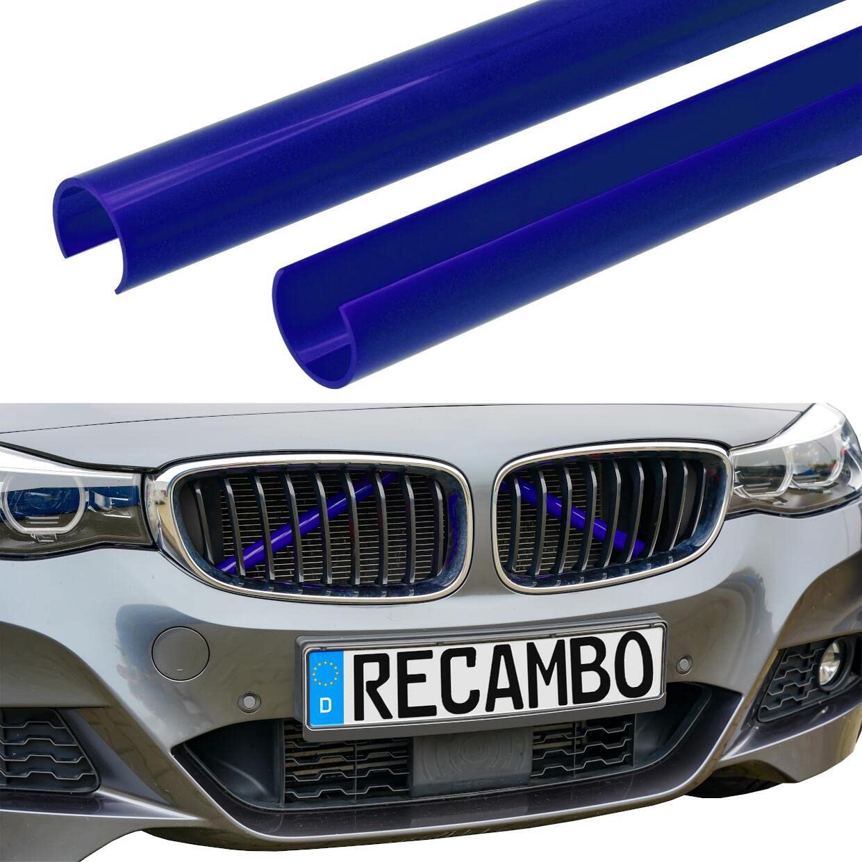 RECAMBO Kühler Grill Einsatz, Frontgrill Zierleisten Streifen, Grill V Streben | Kompatibel mit BMW 1er 2er 5er E60 E61 | F44 F52 | Blau von Recambo