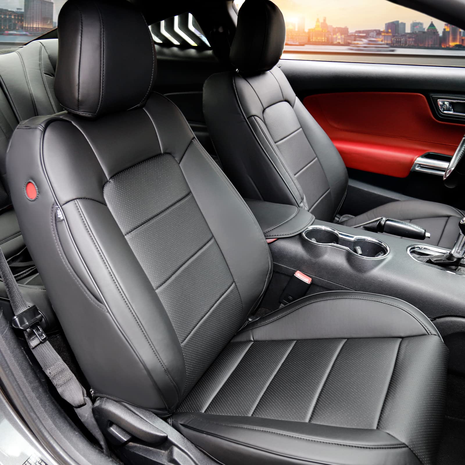 Red Rain Schwarze Mustang-Sitzbezüge, Leder, Sitzbezug für Autos, maßgeschneiderte Ford Mustang 2016, 2017, 2018, 2019, 2020, 2021, 2022, 2023, 10 Stück (Mustang-Schwarz) von Red Rain