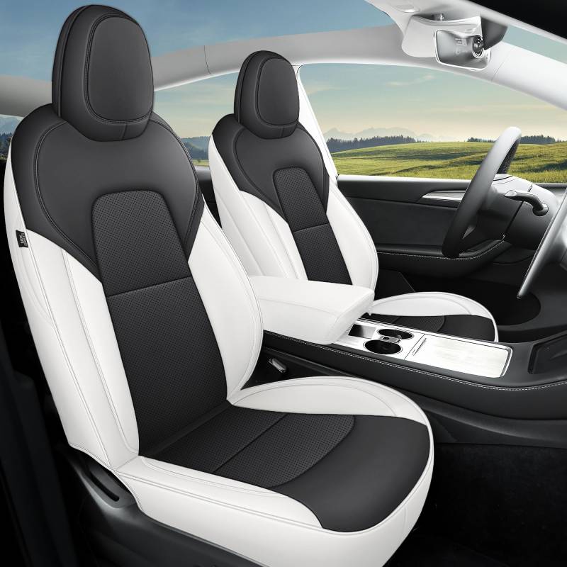 Red Rain Tesla Model Y Sitzbezüge, schwarz und weiß, Autositzbezug für Tesla Model Y 2023 2022 2021 2020 2019 2018 2017, maßgeschneidert, 12 Stück, Leder-Sitzkissenbezug, vollständig verpackt von Red Rain