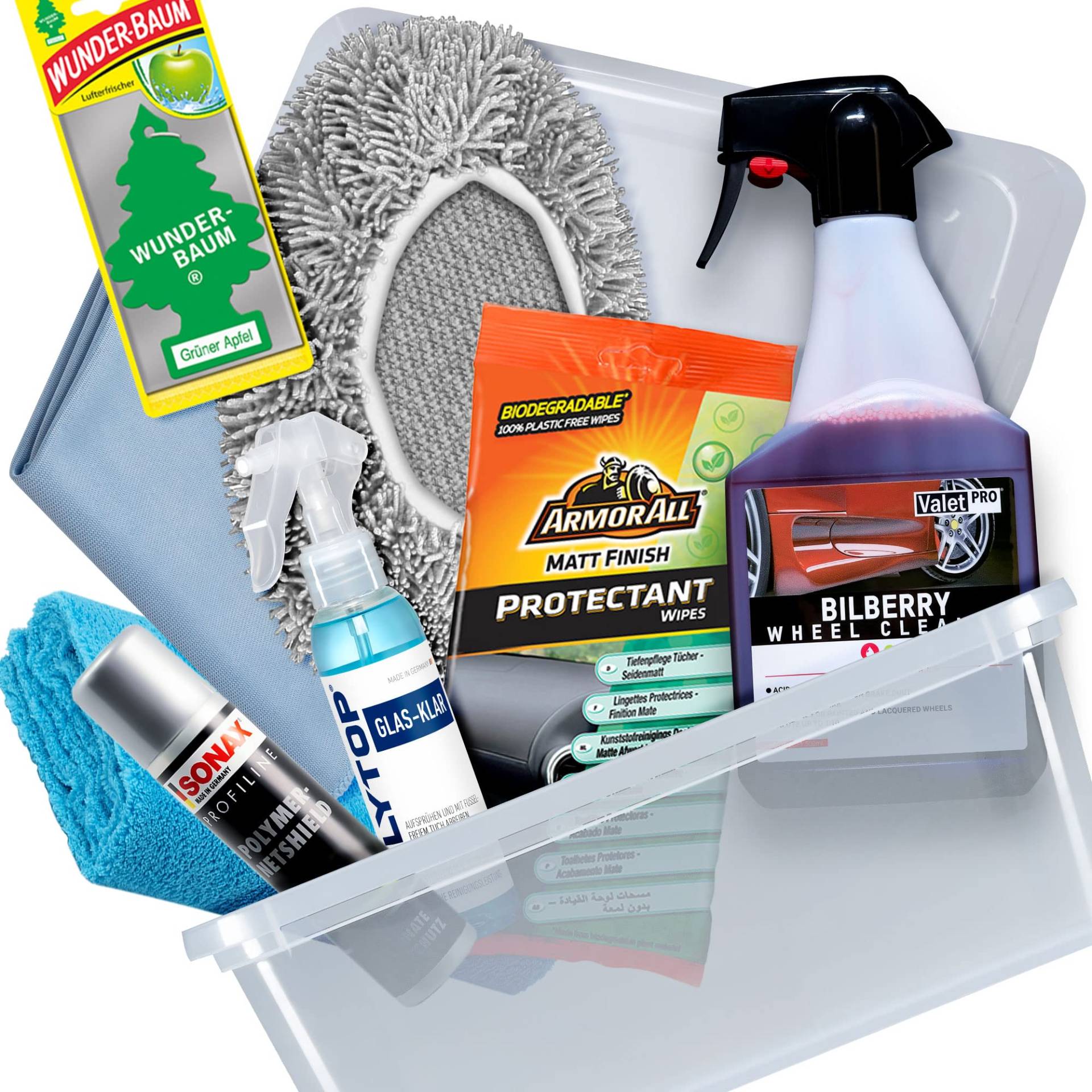Auto Waschbox Reinigungsset - 9 teilig - ARMOR ALL Cockpittücher | VALET PRO Felgenreiniger | SONAX Quick Detailer | POLYTOP Glasreiniger | Bürstenüberzug, Poliertuch & Glastuch | Innenraumduft Auto Waschbox Reinigungsset - 9 teilig - ARMOR ALL Cockpittücher | VALET PRO Felgenreiniger | SONAX Quick Detailer | POLYTOP Glasreiniger | Bürstenüberzug, Poliertuch & Glastuch | Innenraumduft von Red Wash