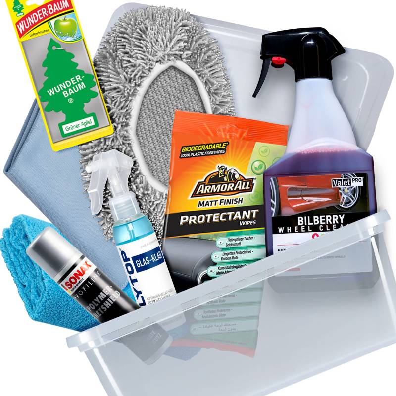 Auto Waschbox Reinigungsset - 9 teilig - ARMOR ALL Cockpittücher | VALET PRO Felgenreiniger | SONAX Quick Detailer | POLYTOP Glasreiniger | Bürstenüberzug, Poliertuch & Glastuch | Innenraumduft von Red Wash