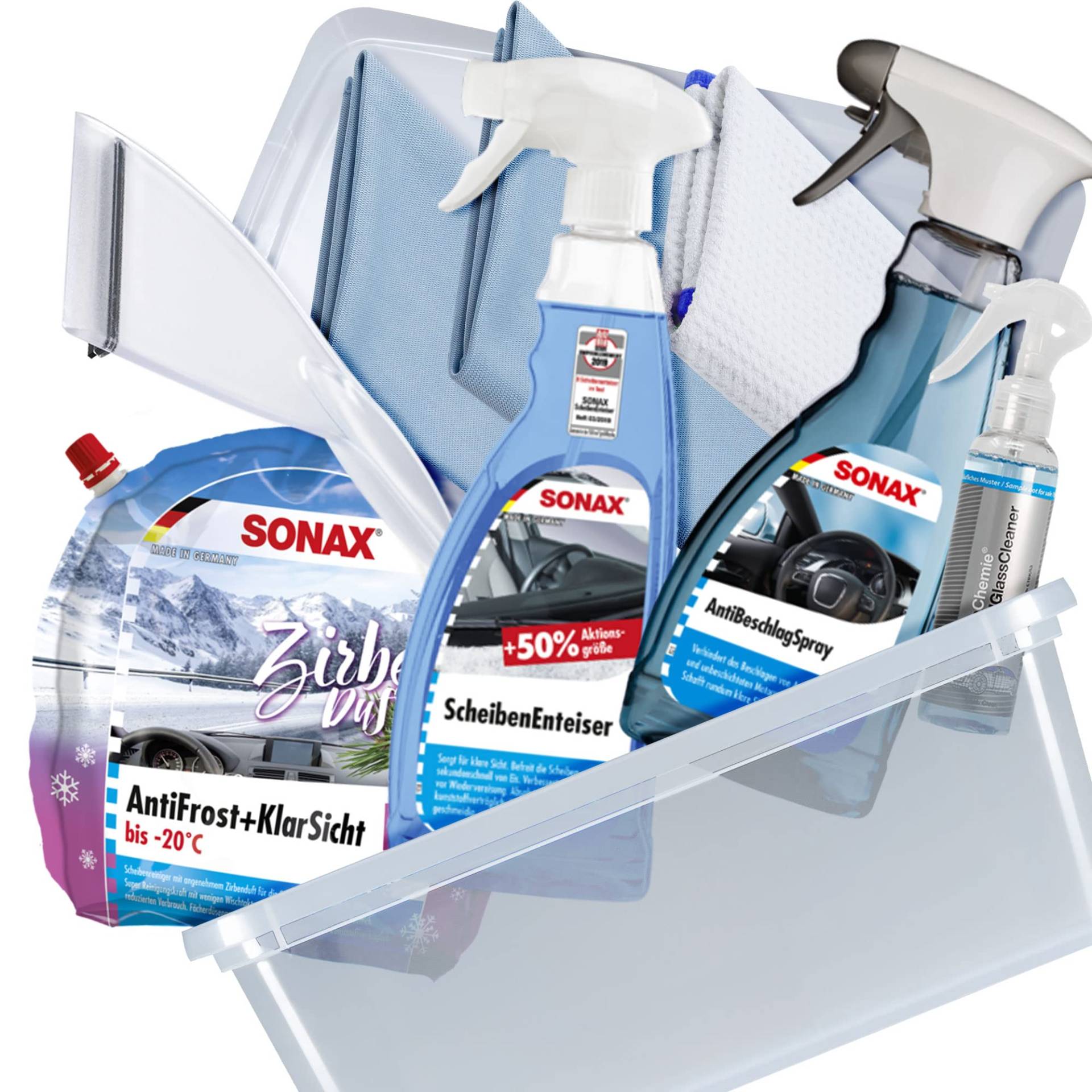 Auto Winter Set Box - 8 teilig - SONAX: Scheiben Enteiser 750ml, AntiBeschlag Spray 500ml, Antifrost Scheibenwischwasser 3L - Koch Chemie Speedglass Glasreiniger 140ml + Eiskratzer + 3x Mikrofasertuch von Red Wash