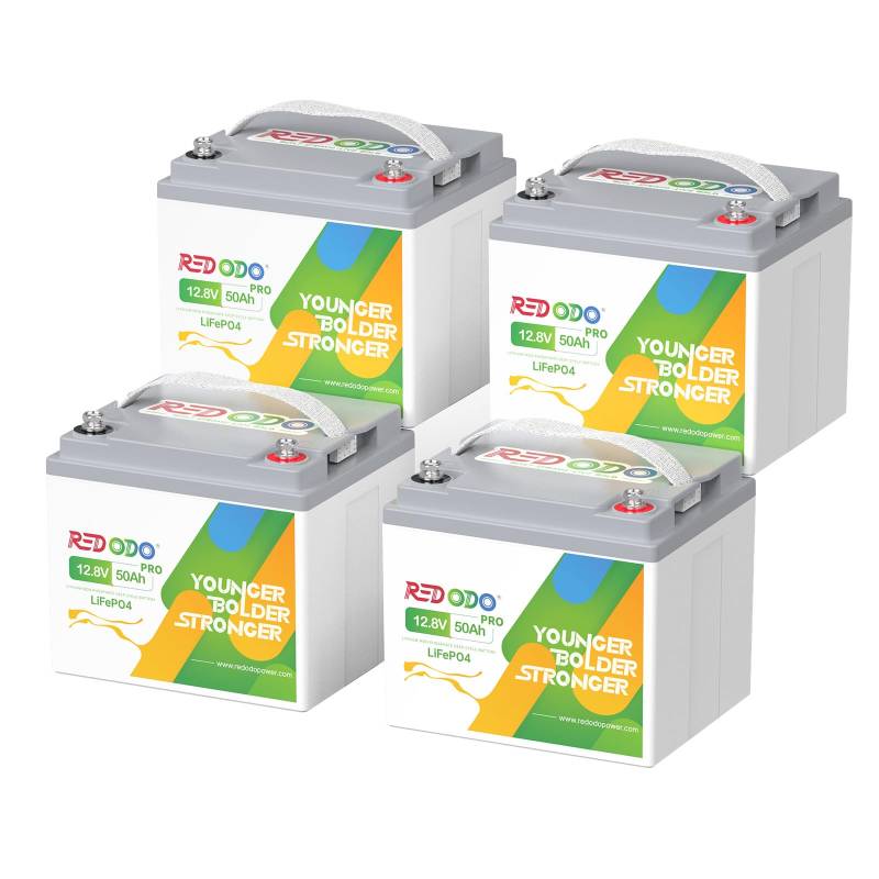 Redodo [4er Pack] 12V 50Ah Pro LiFePO4 Batterie mit 50A BMS, 100% 640Wh nutzbare Energie für Wohnmobile, Stromfall, Trolling Motor, Überwachungssystem, Autarke Anwendungen von Redodo