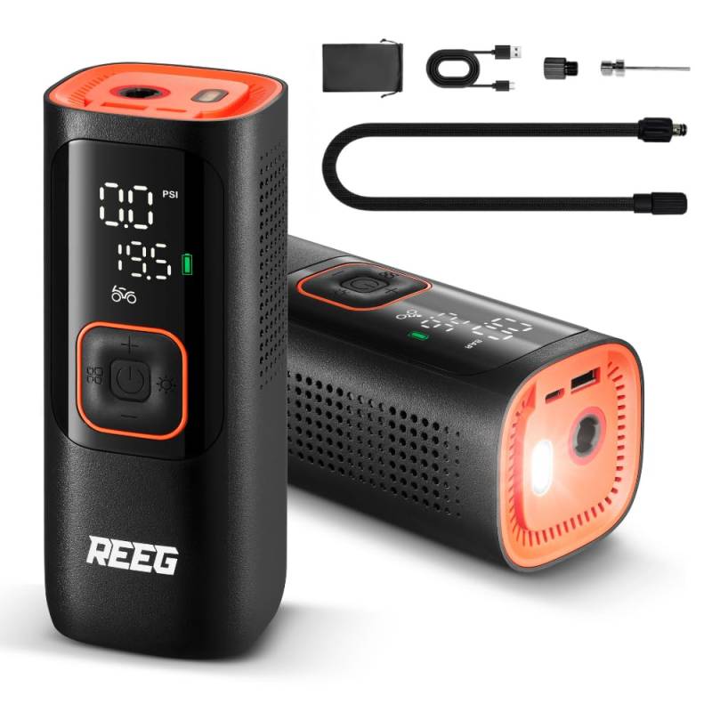 Reeg Air Pump PRO Tragbare Luftpumpe mit 7500 mAh Akku,160 PSI, 11 BAR Inflator Tragbarer Luftkompressor mit LED Drucksensor für Auto, Motorrad, Fahrrad, E-Scooter etc. Autostop-Funktion, Powerbank von Reeg