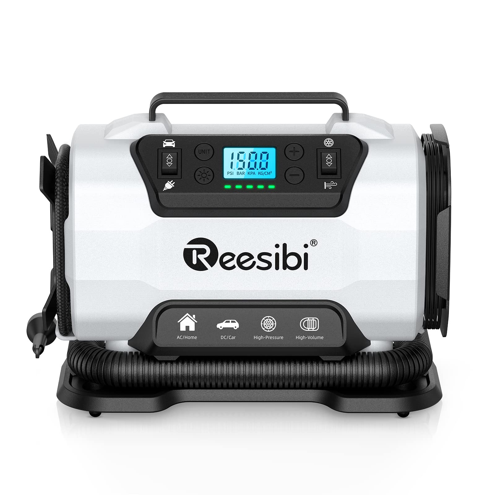 Reesibi Kompressor Autoreifen 230V 12V Doppelte Stromquellen, Hochdruckpumpe bis zu 10,3bar und Niederdruckpumpe zu 300L/min 2-in-1, Elektrische Luftpumpe Tragbar mit digitaler Anzeige Adapterset von Reesibi