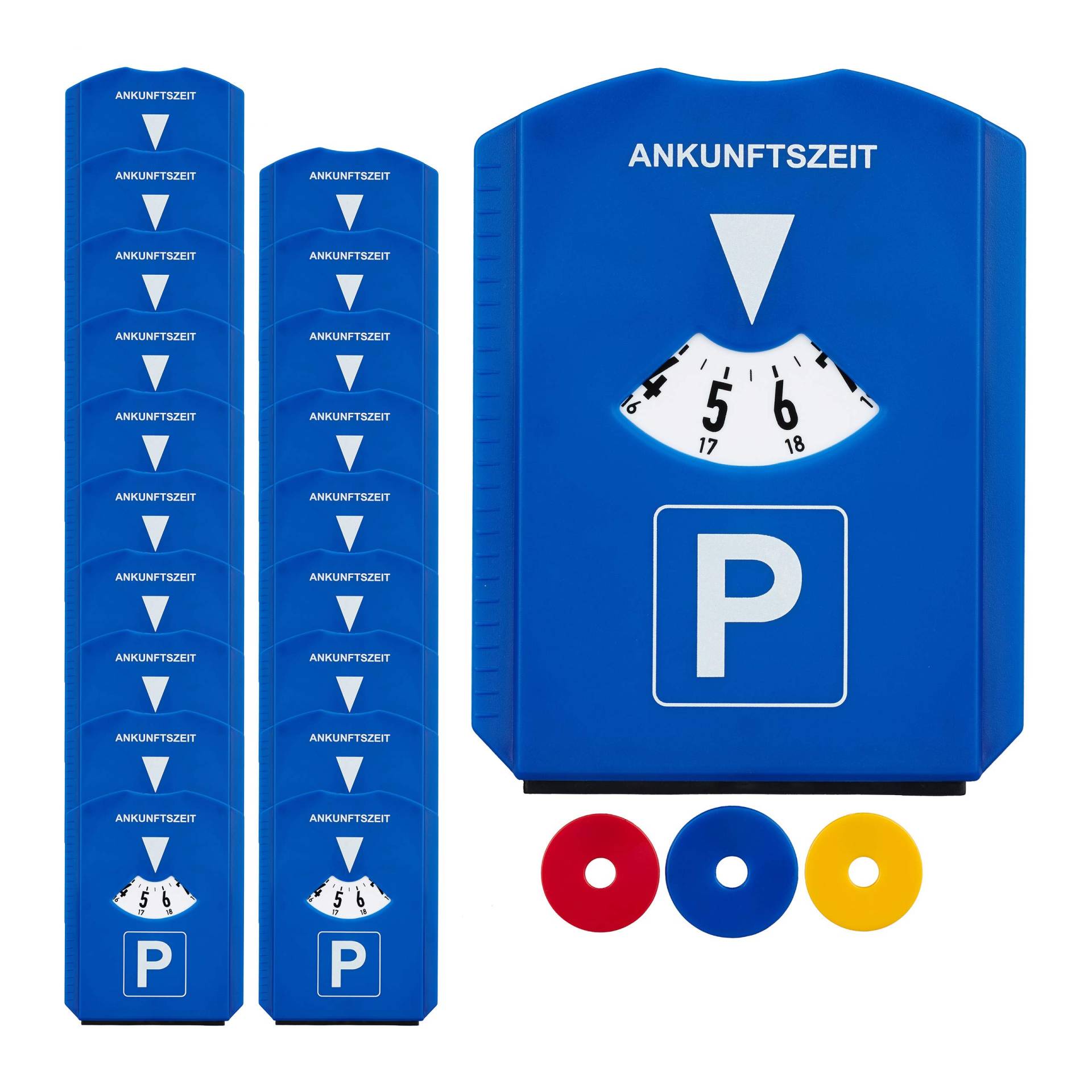 Relaxdays 20 x Parkscheibe im Set, Eiskratzer, 3 Einkaufswagenchips, Gummilippe, Parkuhr Auto, StVO, Kunststoff, Parkkarte, blau von Relaxdays