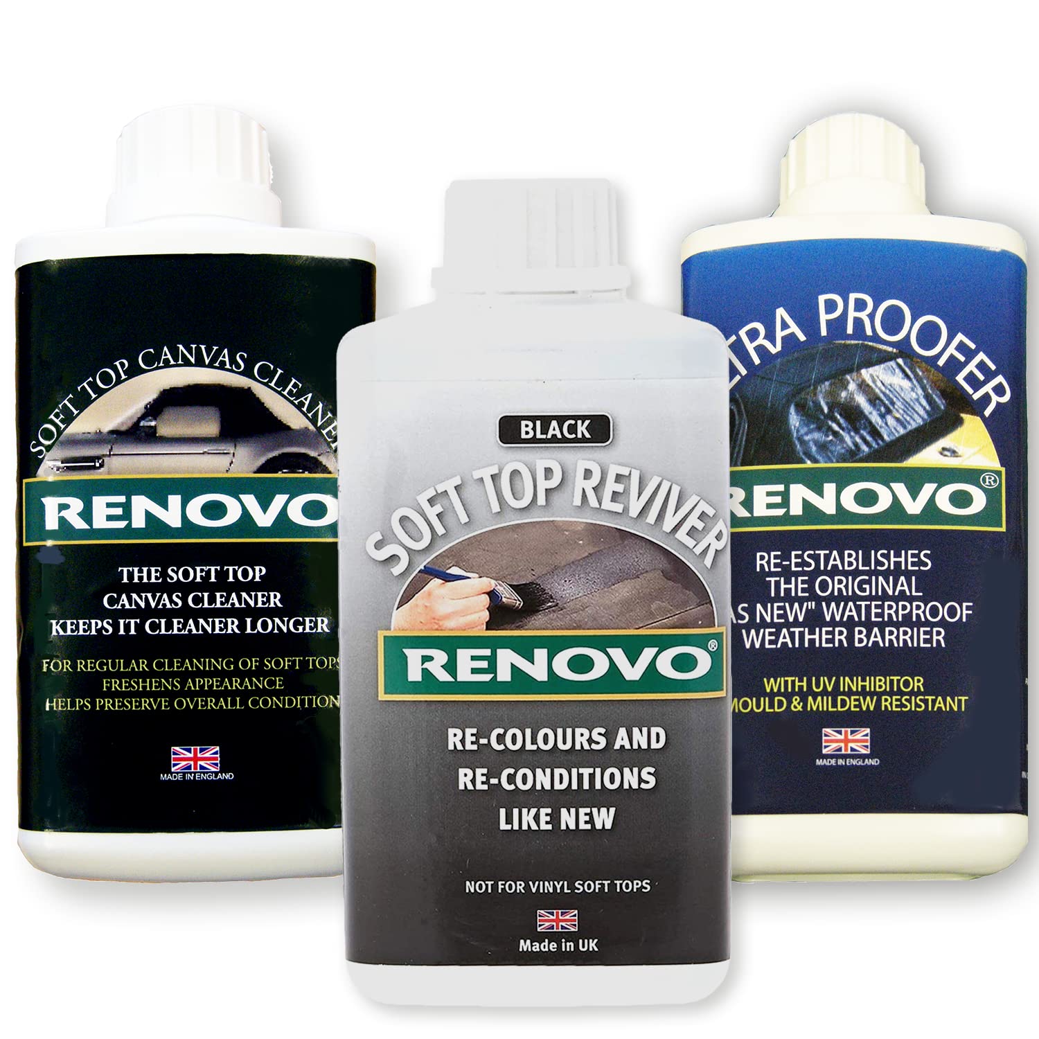 Renovo Ren-KIT1 Dreifach-Reinigungsset inkl. Soft-Top-Revivier/Soft-Top-Ultra-Proofer/Soft-Top-Canvas-Reiniger, Schwarz von Renovo