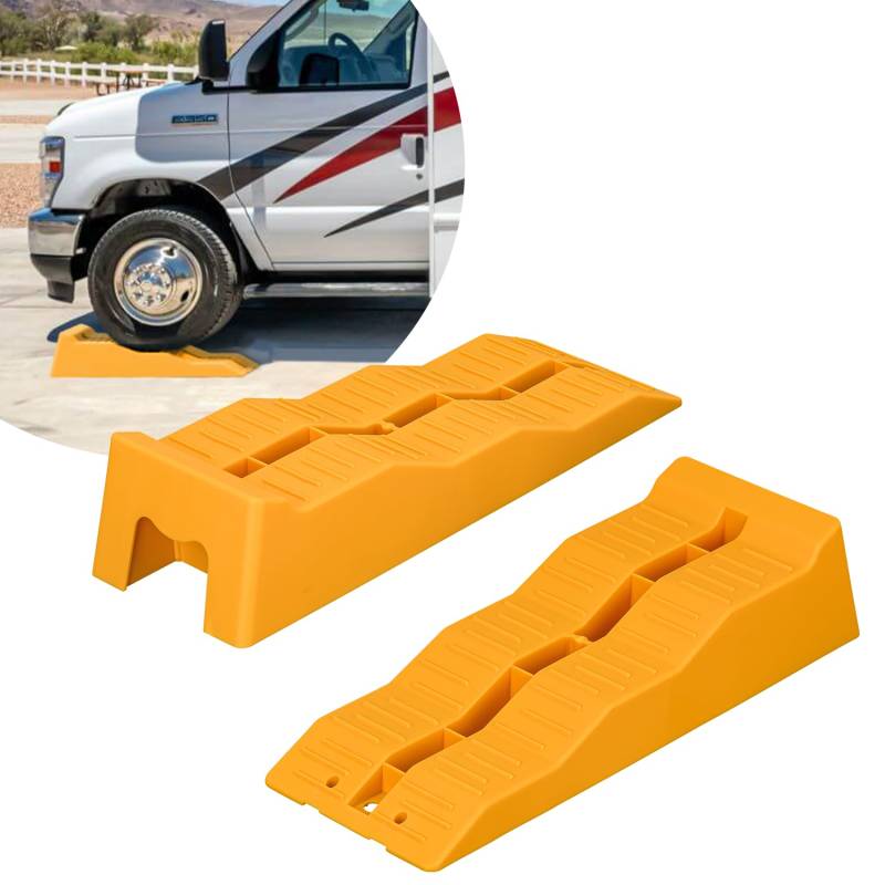Auffahrkeile 2er Set Rampen Stufenkeile Ausgleichskeile für Wohnwagen Wohnmobil Caravan Anhänger XL 57x20cm bis 5000 kg gelb Keile für jeden Untergrund von RheinParts