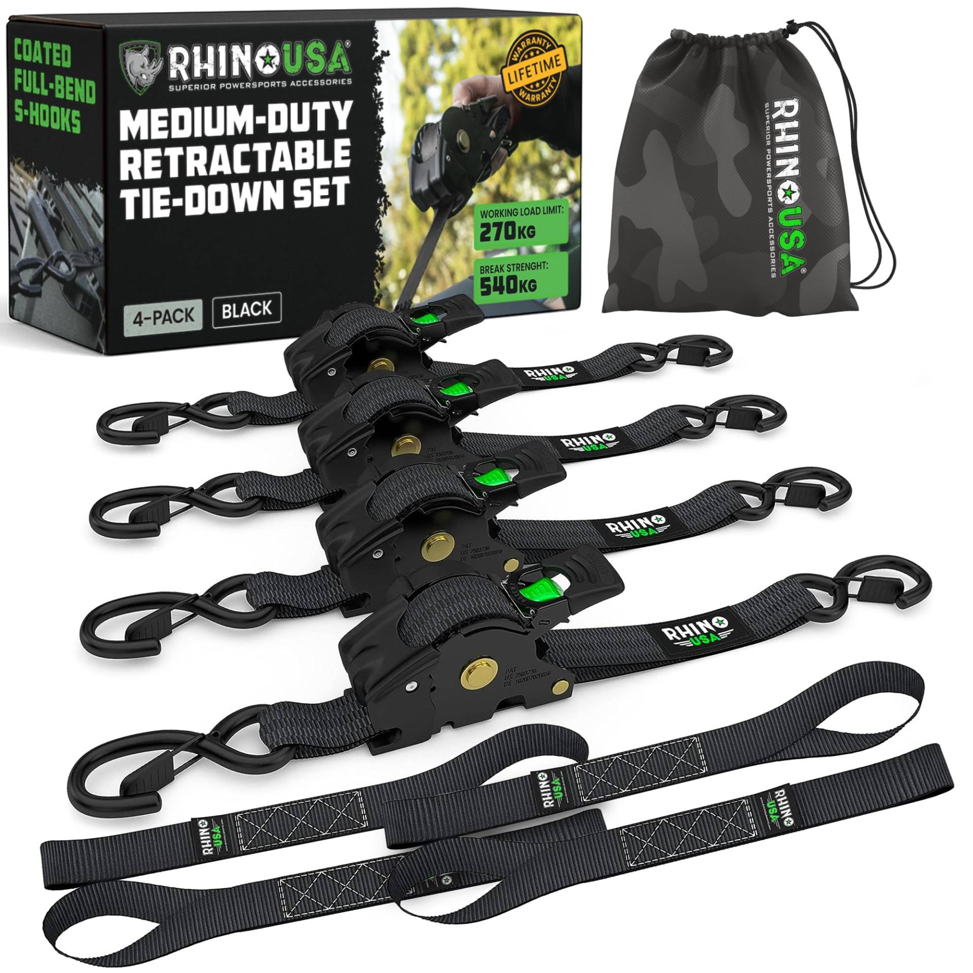 Einziehbare Kabelbinder mit Ratsche (4-Pack) 540 kg garantieren maximale Bruchfestigkeit, einschließlich (4) Ultimate 2.5cm x 3m automatisch einziehbaren Kabelbindern mit gepolsterten Griffen, Schwarz von Rhino USA