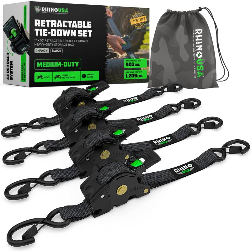 Einziehbare Kabelbinder mit Ratsche (4-Pack) 540 kg garantieren maximale Bruchfestigkeit, einschließlich (4) Ultimate 2.5cm x 3m automatisch einziehbaren Kabelbindern mit gepolsterten Griffen, Schwarz von Rhino USA