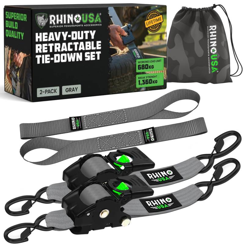 Rhino USA Selbstaufrollende Spanngurte (2er-Pack) - 5cm x 3m (1,360kg Bruchfestigkeit) - Hochleistungs-Automatik-Spanngurte für LKW, Anhänger, Motorrad, Fahrrad & Mehr - Grau von Rhino USA