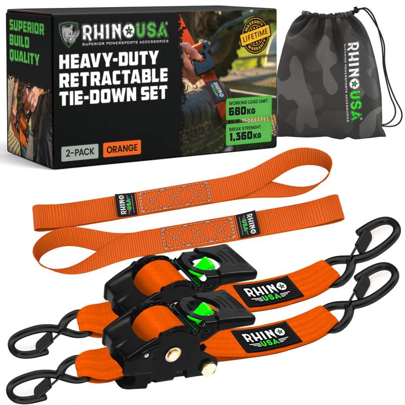 Rhino USA Selbstaufrollende Spanngurte (2er-Pack) - 5cm x 3m (1,360kg Bruchfestigkeit) - Hochleistungs-Automatik-Spanngurte für LKW, Anhänger, Motorrad, Fahrrad & Mehr - Orange von Rhino USA