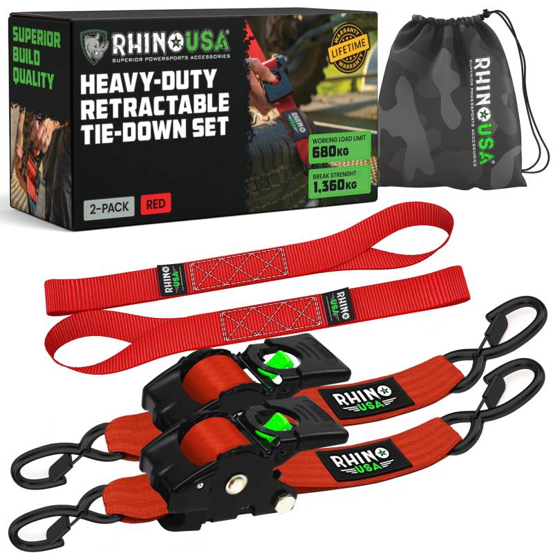 Rhino USA Selbstaufrollende Spanngurte (2er-Pack) - 5cm x 3m (1,360kg Bruchfestigkeit) - Hochleistungs-Automatik-Spanngurte für LKW, Anhänger, Motorrad, Fahrrad & Mehr - Rot von Rhino USA