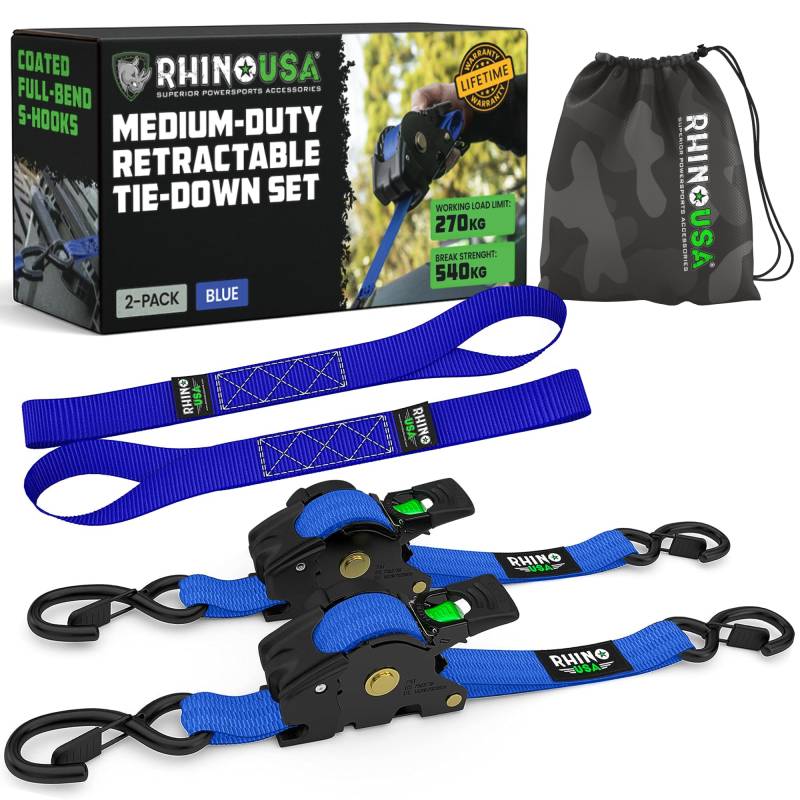Rhino USA Selbstaufrollende Spanngurte (2er-Pack) - 2.5cm x 3m (540kg Bruchfestigkeit) - Hochleistungs-Automatik-Spanngurte für LKW, Anhänger, Motorrad, Fahrrad & Mehr - Blau von Rhino USA