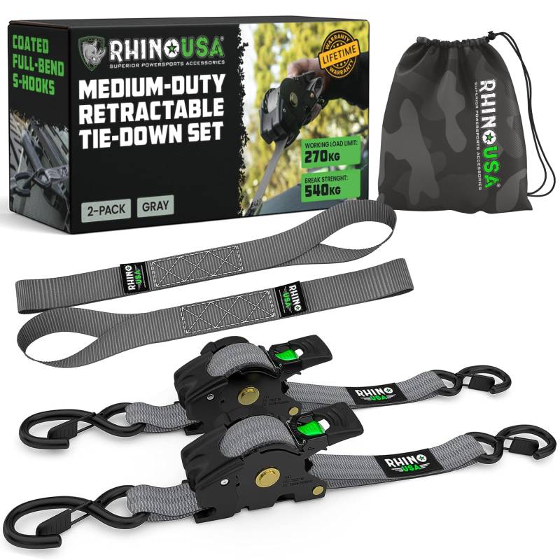 Rhino USA Selbstaufrollende Spanngurte (2er-Pack) - 2.5cm x 3m (540kg Bruchfestigkeit) - Hochleistungs-Automatik-Spanngurte für LKW, Anhänger, Motorrad, Fahrrad & Mehr - Grau von Rhino USA