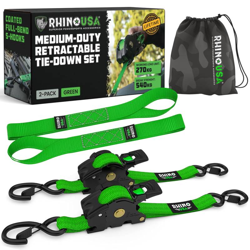 Rhino USA Selbstaufrollende Spanngurte (2er-Pack) - 2.5cm x 3m (540kg Bruchfestigkeit) - Hochleistungs-Automatik-Spanngurte für LKW, Anhänger, Motorrad, Fahrrad & Mehr - Grün von Rhino USA
