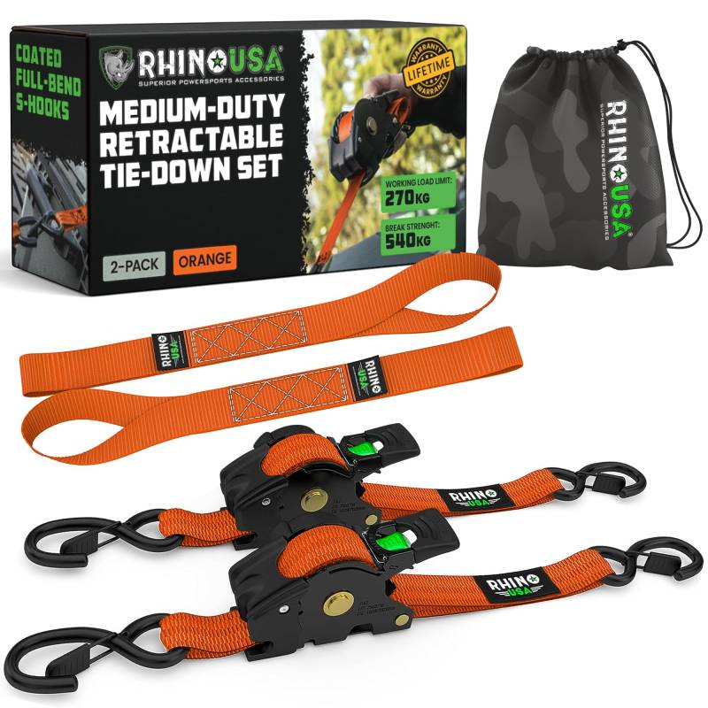 Rhino USA Selbstaufrollende Spanngurte (2er-Pack) - 2.5cm x 3m (540kg Bruchfestigkeit) - Hochleistungs-Automatik-Spanngurte für LKW, Anhänger, Motorrad, Fahrrad & Mehr - Orange von Rhino USA
