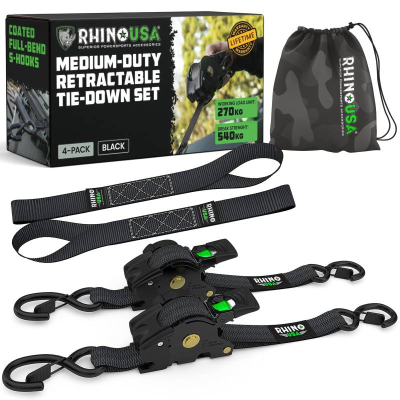 Rhino USA Selbstaufrollende Spanngurte (2er-Pack) - 2.5cm x 3m (540kg Bruchfestigkeit) - Hochleistungs-Automatik-Spanngurte für LKW, Anhänger, Motorrad, Fahrrad & Mehr - Schwarz von Rhino USA