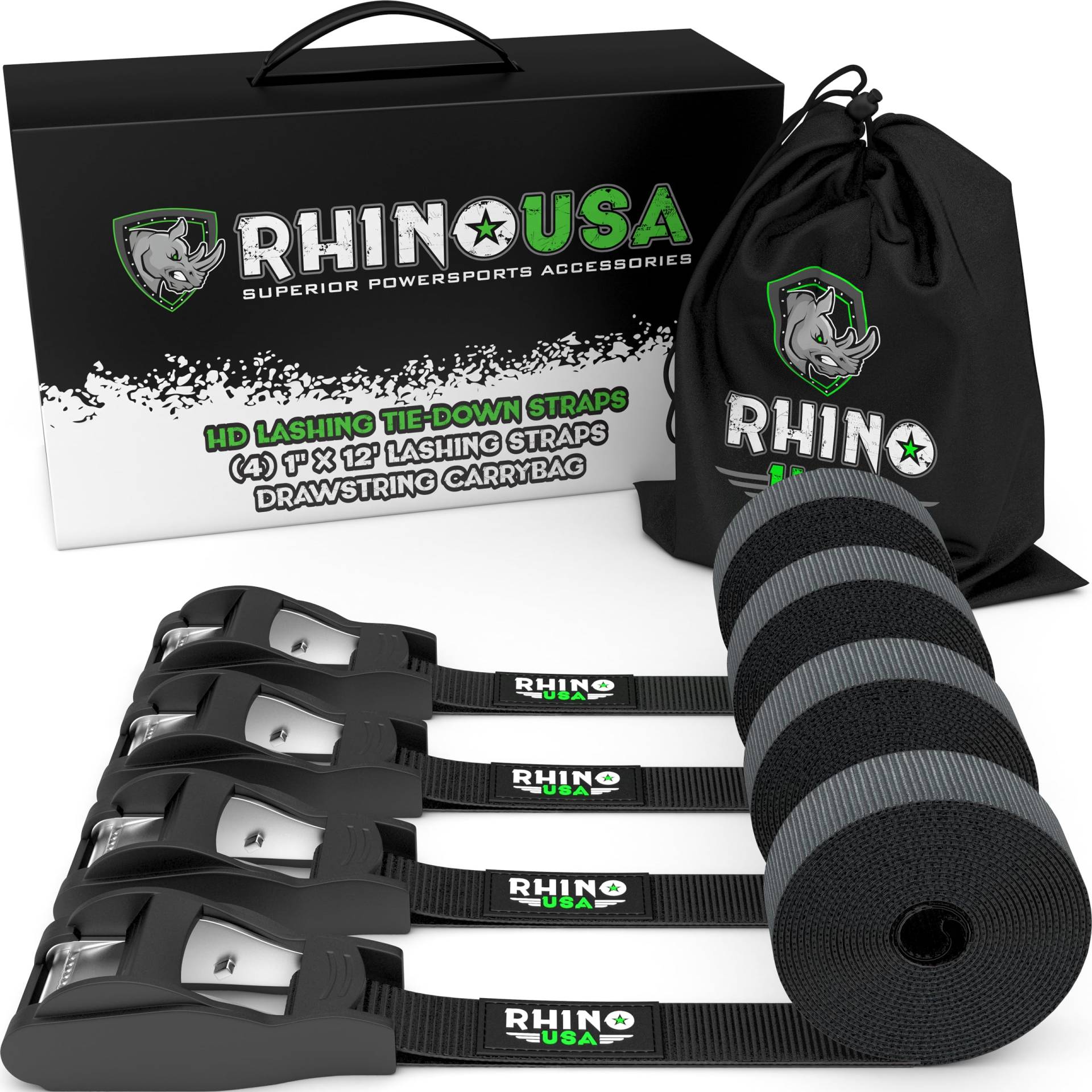 Rhino USA 4er Set Spanngurte - 500 kg Maximale Reißfestigkeit - Besteht aus 4 Robusten 2.5 cm x 3.6 m Spanngurte mit Klemmschloss - Befestigungsriemen zur Ladungssicherung auf dem Dachträger von Rhino USA