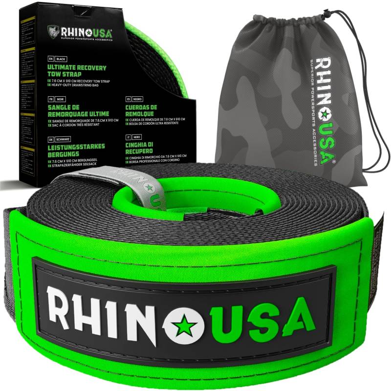 Rhino USA Abschleppgurt (7,6 cm x 9,1 m) - 13.600 kg Bruchfestigkeit - Notfall-Wiederherstellungsstrap für Truck, UTV, ATV - Abschleppseil - Schwerlast-Abschleppgurt für Offroad 4X4 Nutzung - Schwarz von Rhino USA