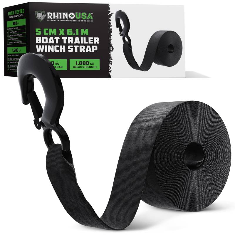 Rhino USA Boot Windengurt mit Haken (5 cm x 6,1 m) – 1.800kg Bruchlast – Ultimativer Ersatzgurt für Bootsanhänger Windenriemen - Abschleppseil für Trailer Kompatibel mit Pontoon, Jet Ski, Angelboot von Rhino USA
