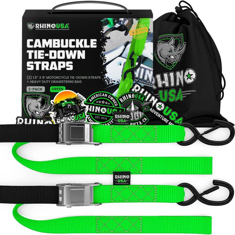 Rhino USA Motorrad Spanngurte mit Haken - 2 Pack - 1000kg Bruchfestigkeit - Stahl Schloss Spanngurt Set mit Schlaufen - Transportsicherung - Motorrad Transport - Grün von Rhino USA