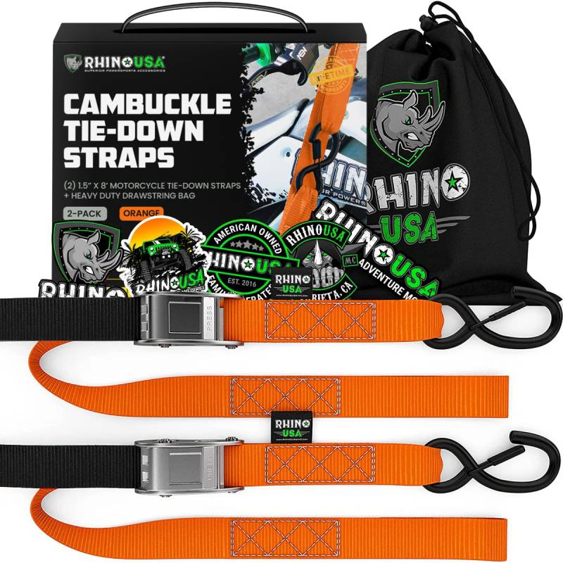 Rhino USA Motorrad Spanngurte mit Haken - 2 Pack - 1000kg Bruchfestigkeit - Stahl Schloss Spanngurt Set mit Schlaufen - Motorrad Transportsicherung - Orange von Rhino USA