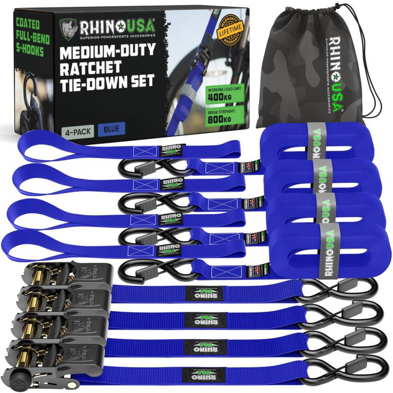 Rhino USA Spanngurte mit Ratsche und Haken (4 Pack) - 800 kg Reißfestigkeit - 2.5cm x 4.6m - Gurte für Materialtransport Umzüge - Zurrgurt mit Ratsche - Ratschen Set Blau von Rhino USA