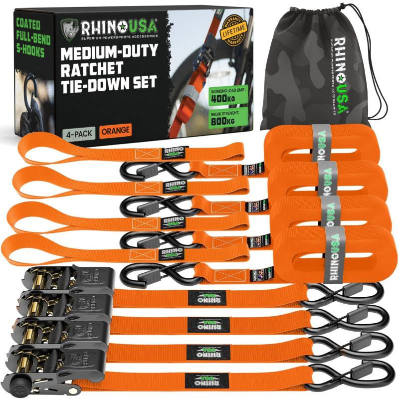 Rhino USA Spanngurte (4er-Pack) - 2.5cmx4.6m (800kg Bruchlast) - Ultimative Zurrgurte mit Sicherheits-S-Haken - Premium-Gurte für LKW, Ladung, Umzüge, Geräte - Orange von Rhino USA