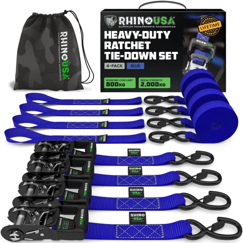 Rhino USA Schwerlast-Ratschengurt-Kit (4er-Pack) – 4 cm x 2,4 m (2.000 kg Bruchlast) – Ultimative Zurrgurte mit Sicherheits-S-Haken für LKWs, ATV, UTV, Motorräder, Ladung und mehr – Blau von Rhino USA