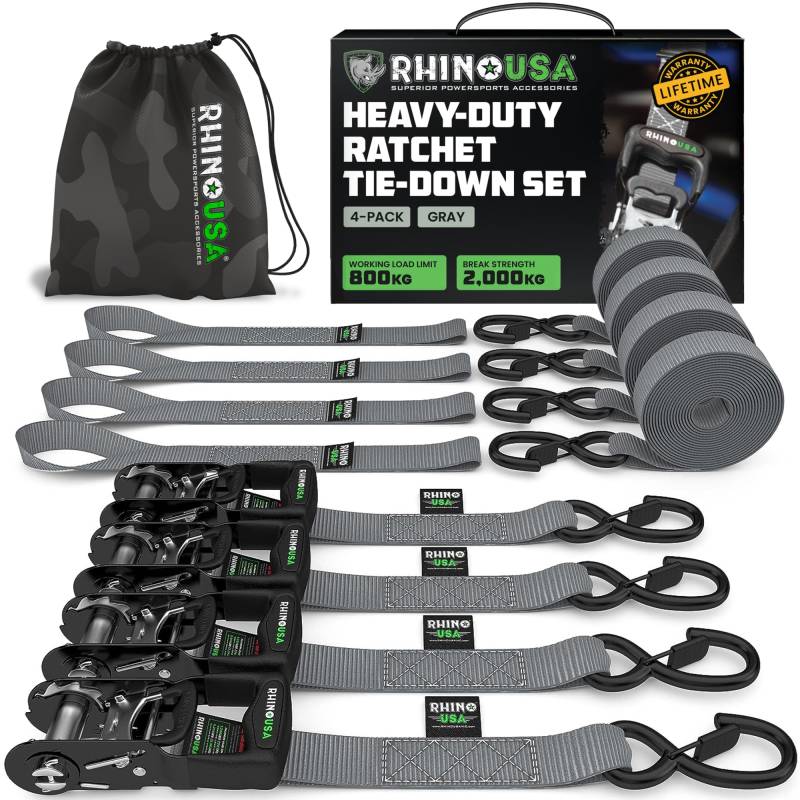 Rhino USA Schwerlast-Ratschengurt-Kit (4er-Pack) – 4 cm x 2,4 m (2.000 kg Bruchlast) – Ultimative Zurrgurte mit Sicherheits-S-Haken für LKWs, ATV, UTV, Motorräder, Ladung und mehr – Grau von Rhino USA