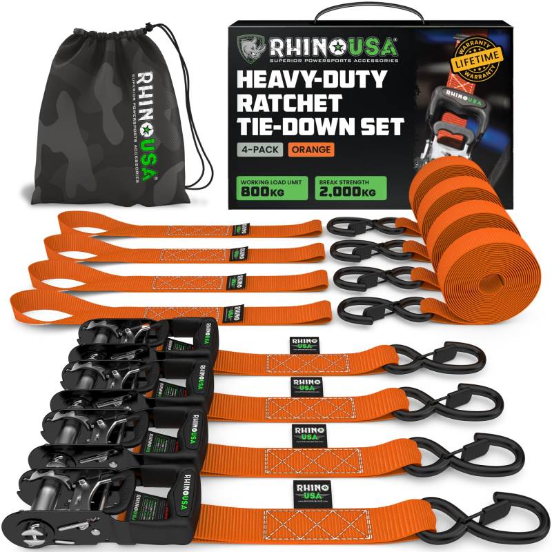 Rhino USA Schwerlast-Ratschengurt-Kit (4er-Pack) – 4 cm x 2,4 m (2.000 kg Bruchlast) – Ultimative Zurrgurte mit Sicherheits-S-Haken für LKWs, ATV, UTV, Motorräder, Ladung und mehr – Orange von Rhino USA