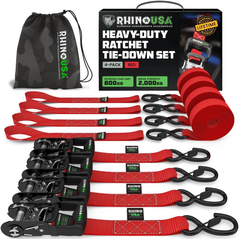 Rhino USA Spanngurte mit Ratsche und Haken (4er Pack) - 2000kg Reißfestigkeit - 4cm x 2.4m - Gurte für Materialtransport Umzüge - Zurrgurt mit Ratsche - Ratschen Set Rot von Rhino USA