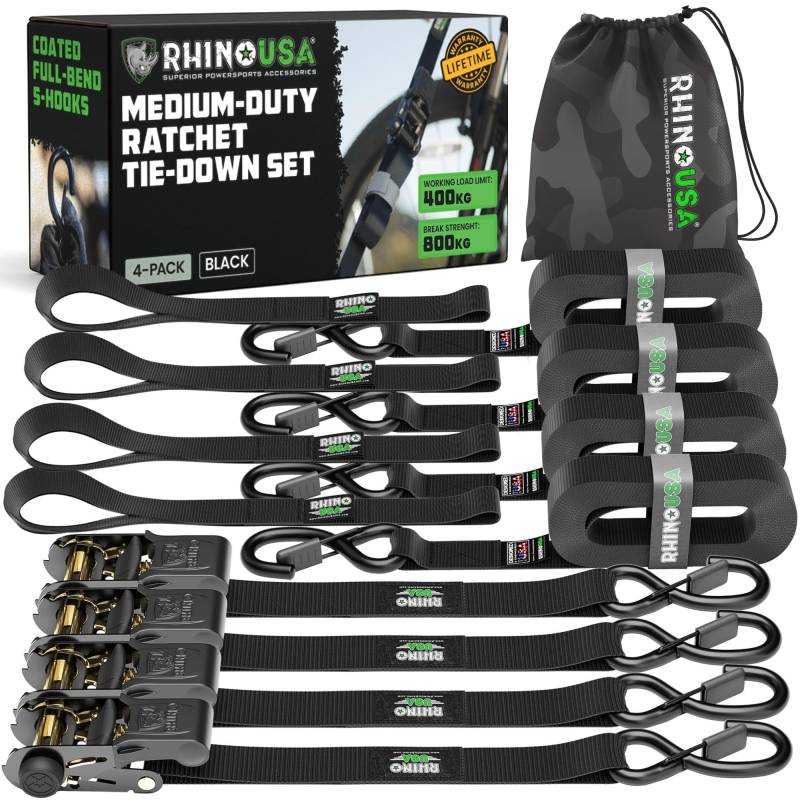 Rhino USA Spanngurte (4er-Pack) - 2.5cmx4.6m (800kg Bruchlast) - Ultimative Zurrgurte mit Sicherheits-S-Haken - Premium-Gurte für LKW, Ladung, Umzüge, Geräte - Schwarz von Rhino USA