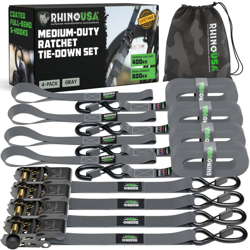 Rhino USA Spanngurte mit Ratsche und Haken (4er Pack) - 800 kg Reißfestigkeit - 2.5cm x 4.6m - Gurte für Materialtransport Umzüge - Zurrgurt mit Ratsche - Ratschen Set Grau von Rhino USA