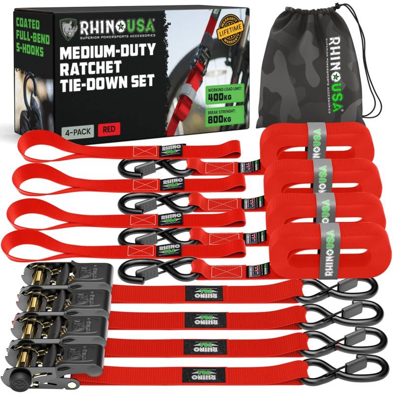 Rhino USA Spanngurte mit Ratsche und Haken (4er Pack) - 800 kg Reißfestigkeit - 2.5cm x 4.6m - Gurte für Materialtransport Umzüge - Zurrgurt mit Ratsche - Ratschen Set Rot von Rhino USA