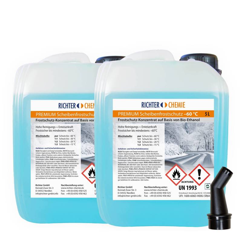 Richter Chemie 10 Liter (2 x 5 Liter Kanister) Premium Scheibenfrostschutz -60°C Frostschutz Konzentrat Auto von Richter Chemie