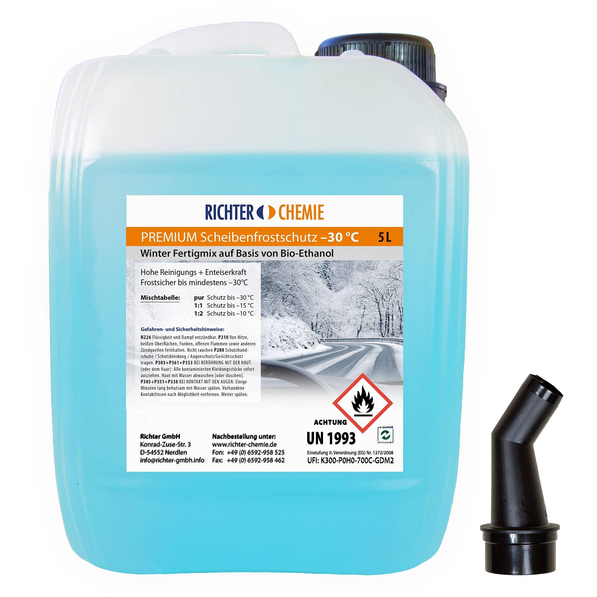Richter Chemie 5 Liter Premium Scheibenfrostschutz -30 Grad C Fertigmix Auto Scheibenwaschanlage Citrus Duft von Richter Chemie
