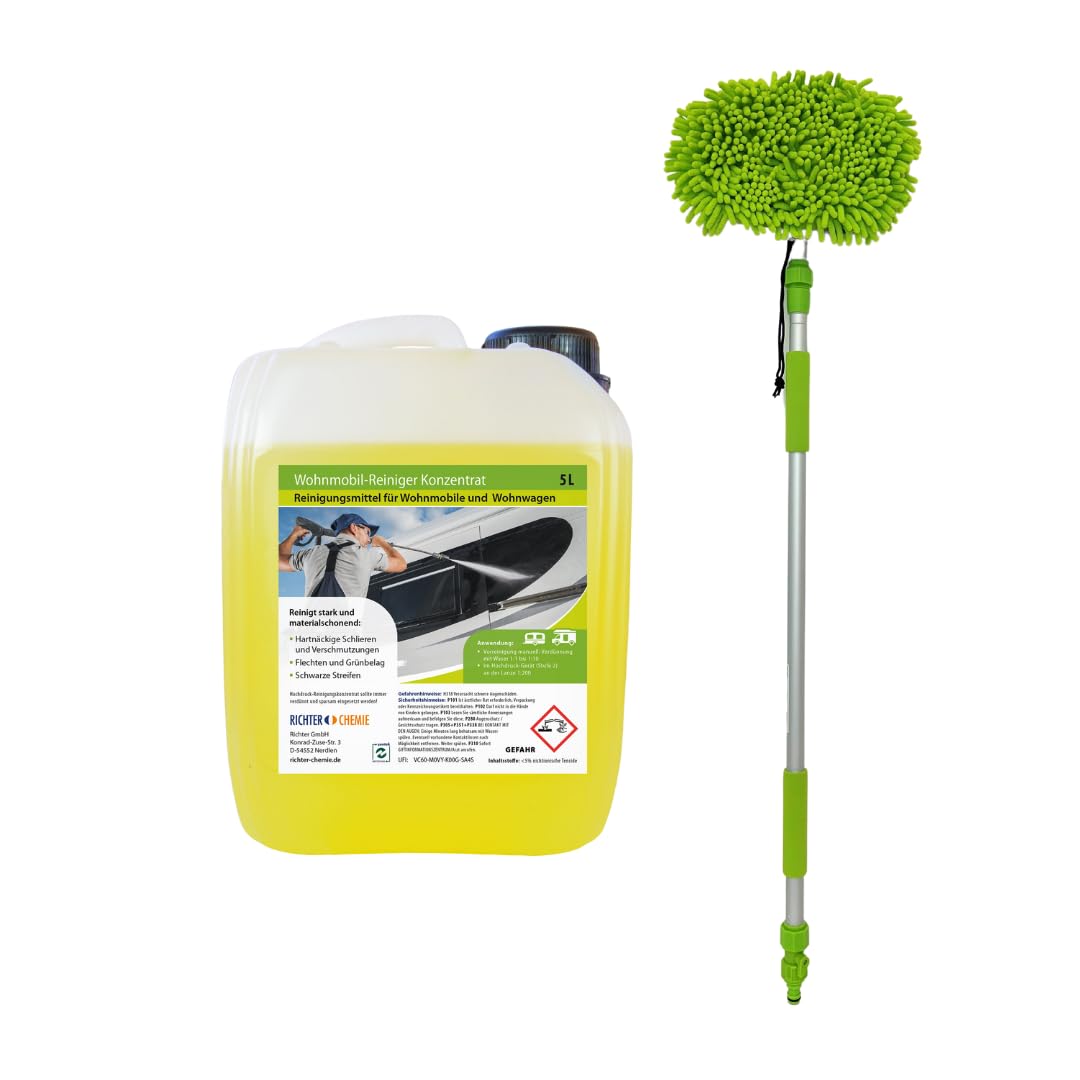 Richter Chemie Wohnwagenreiniger außen | Hochwirksamer Caravan Außenreiniger für strahlend saubere Oberflächen | Wohnmobilreiniger | Caravanreiniger | Konzentrat | 5L Liter + Teleskopwaschbürste Richter Chemie Wohnwagenreiniger außen | Hochwirksamer Caravan Außenreiniger für strahlend saubere Oberflächen | Wohnmobilreiniger | Caravanreiniger | Konzentrat | 5L Liter + Teleskopwaschbürste von Richter Chemie