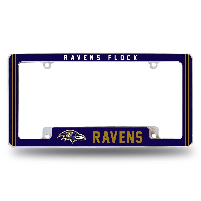 NFL Baltimore Ravens Ravens Flock Premium-Kennzeichenrahmen aus Zinklegierung, verchromt, 4 Schrauben, mit hervorgehobenem Team-Stolzjubel von Rico Industries