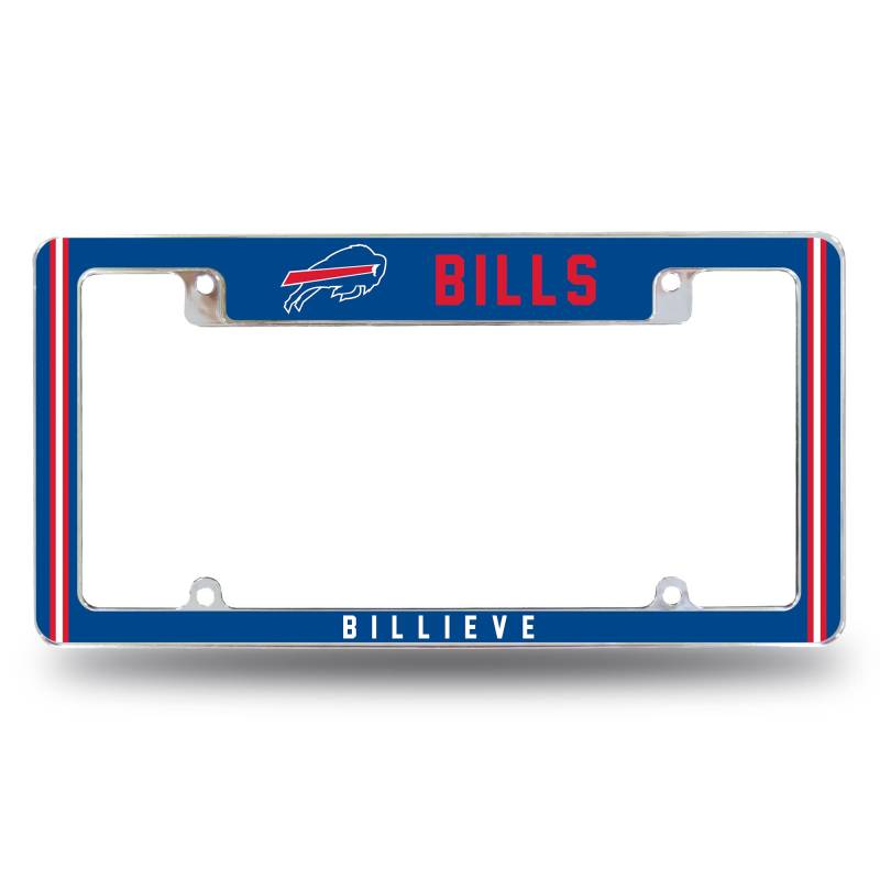 NFL Buffalo Bills Billieve Premium-Kennzeichenrahmen aus Zinklegierung, verchromt, 4 Schrauben, mit hervorgehobenem Team-Stolzjubel von Rico Industries