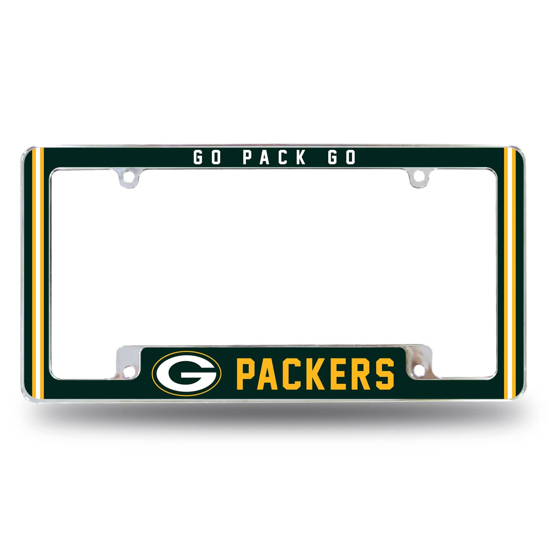 NFL Green Bay Packers Go Pack Go Premium Vollfarbige, langlebige Zinklegierung, verchromter Team-Kennzeichenrahmen – 4 Schrauben-Etikettenhalter mit hervorgehobenem Team Pride Cheer von Rico Industries