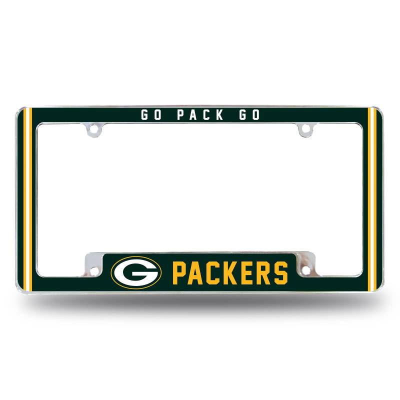 NFL Green Bay Packers Go Pack Go Premium Vollfarbige, langlebige Zinklegierung, verchromter Team-Kennzeichenrahmen – 4 Schrauben-Etikettenhalter mit hervorgehobenem Team Pride Cheer von Rico Industries