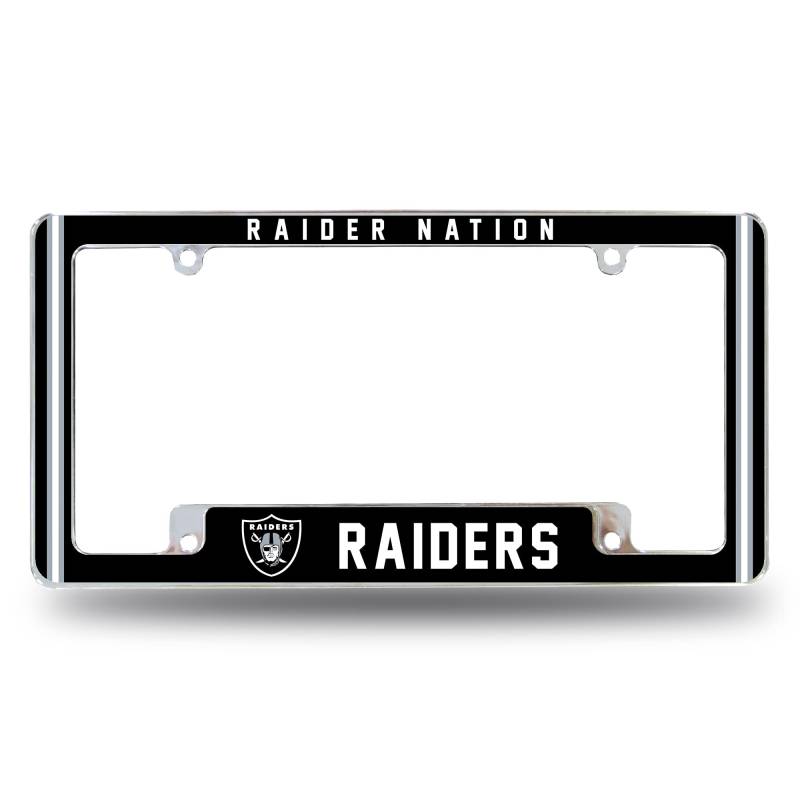 NFL Las Vegas Raiders Raider Nation Premium-Kennzeichenrahmen aus Zinklegierung, verchromt, 4 Schrauben, mit hervorgehobenem Team-Stolzjubel von Rico Industries