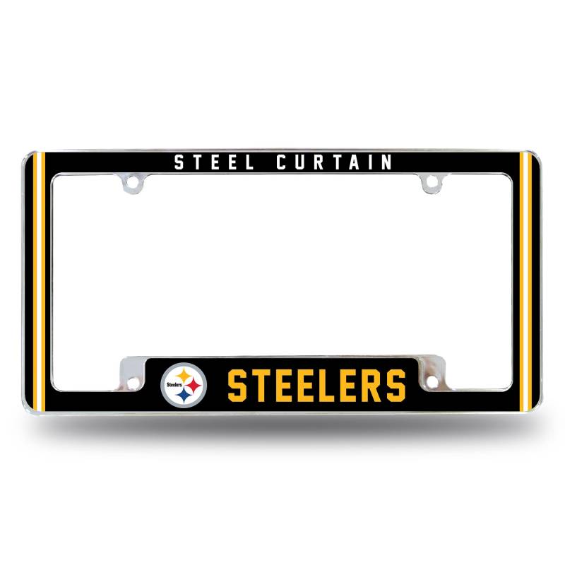 NFL Pittsburgh Steelers Steel Curtain Premium Vollfarbige, langlebige Zinklegierung, verchromter Team-Kennzeichenrahmen – 4 Schrauben-Etikettenhalter mit hervorgehobenem Teamstolz von Rico Industries